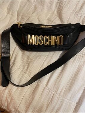 Moschino Black Leather Logo Belt Bag with Gold Hardware